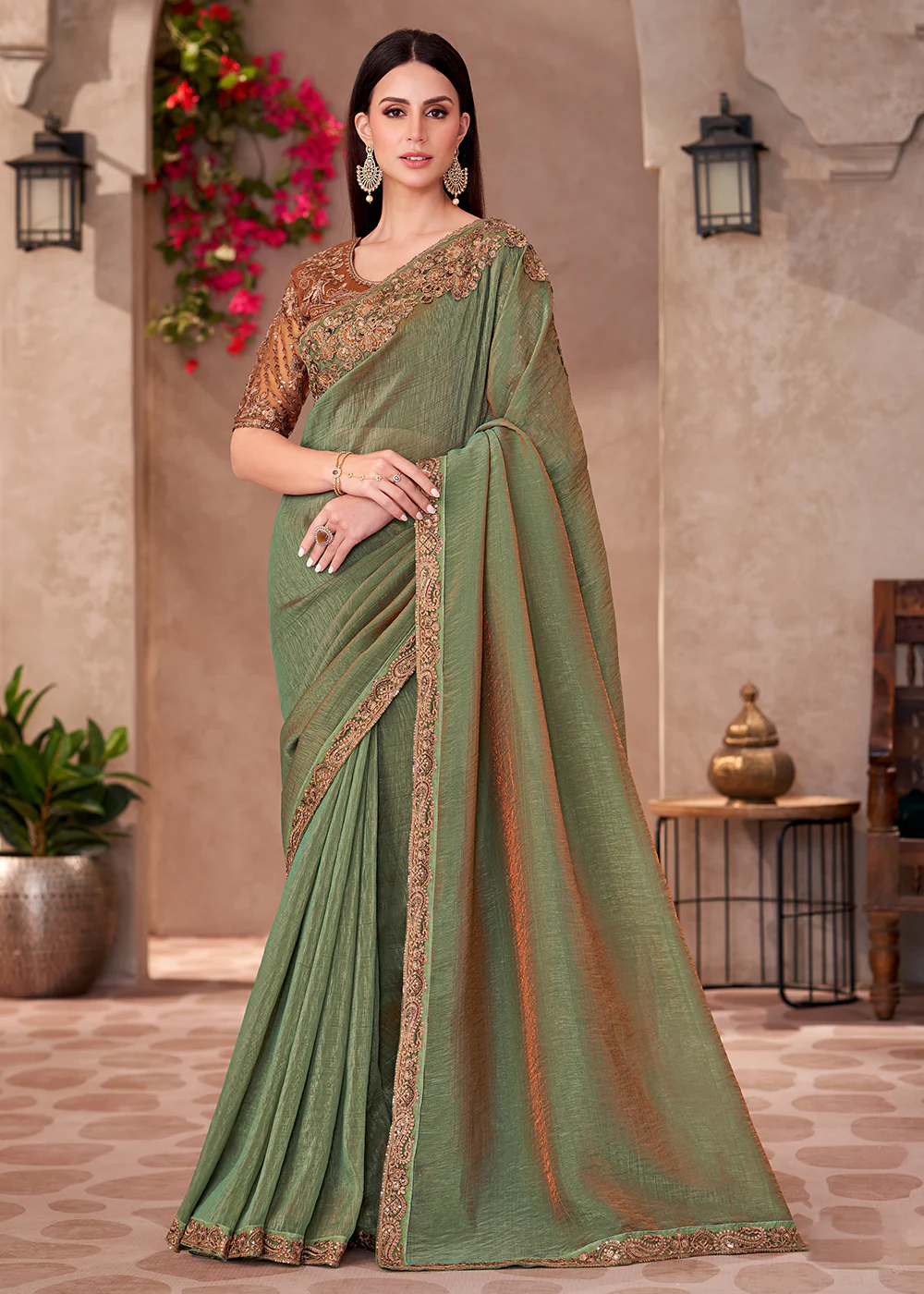 Designer Style Green Embroidered Wedding Saree