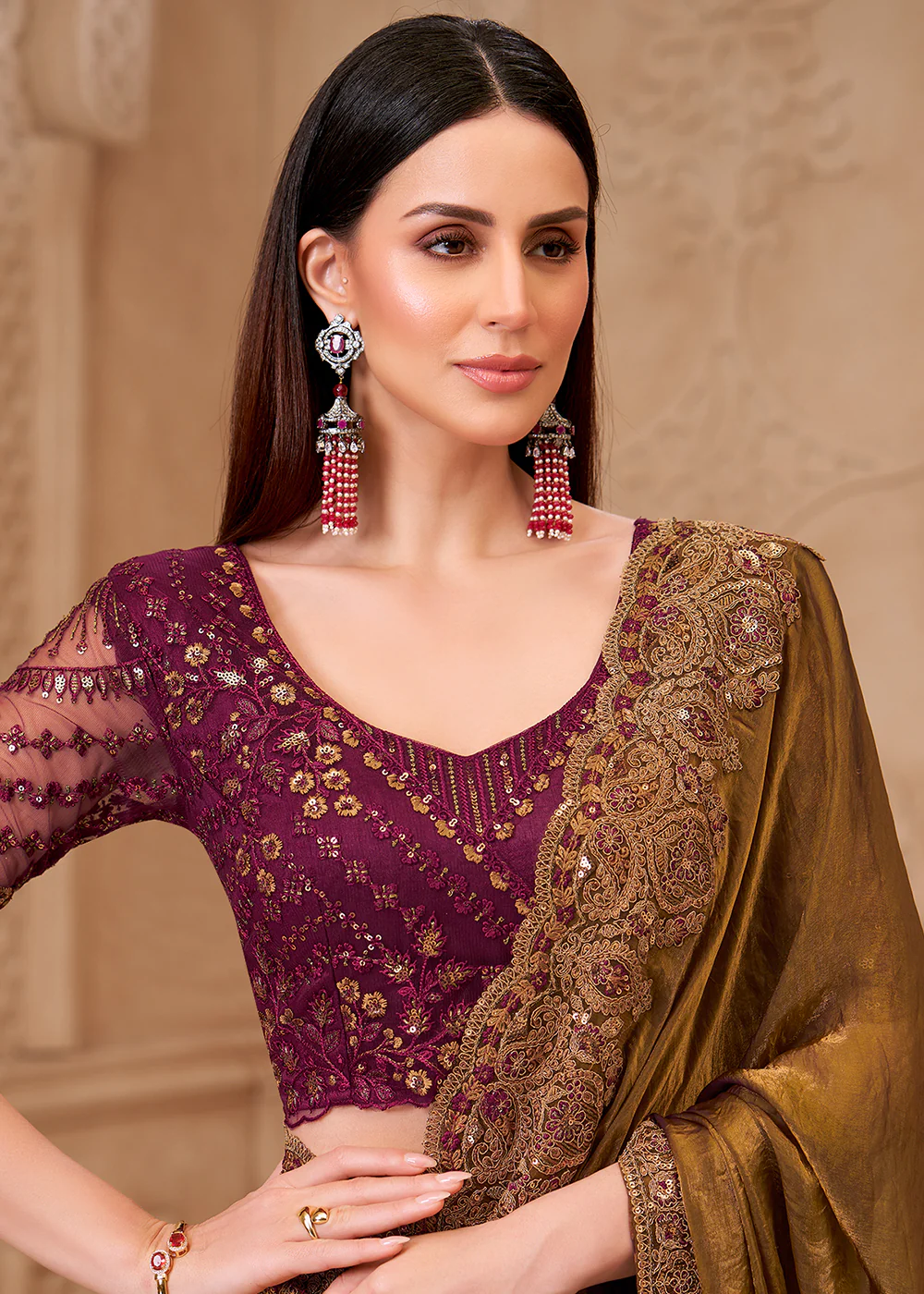 Designer Style Green Embroidered Wedding Saree - Image 3