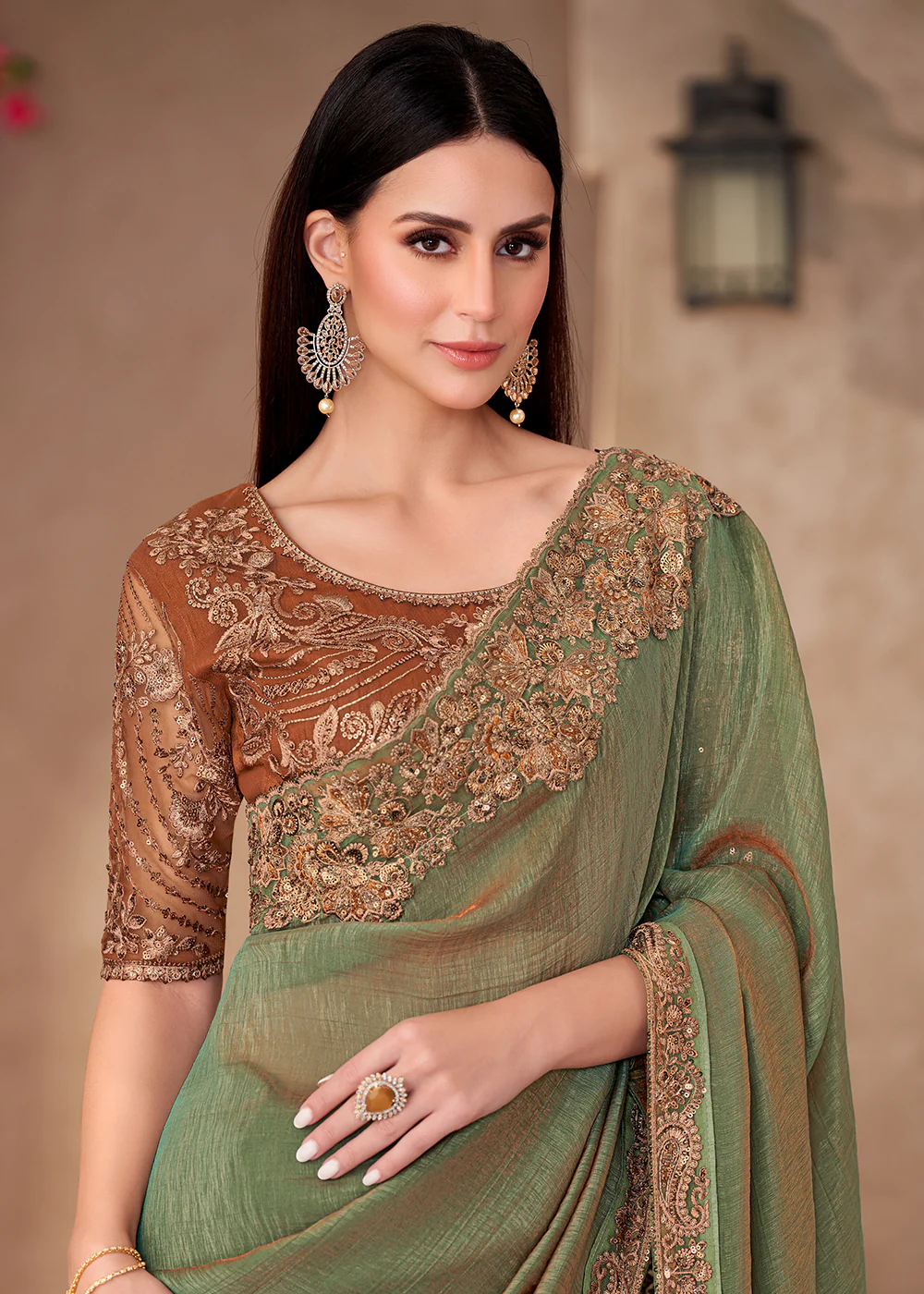 Designer Style Green Embroidered Wedding Saree - Image 2