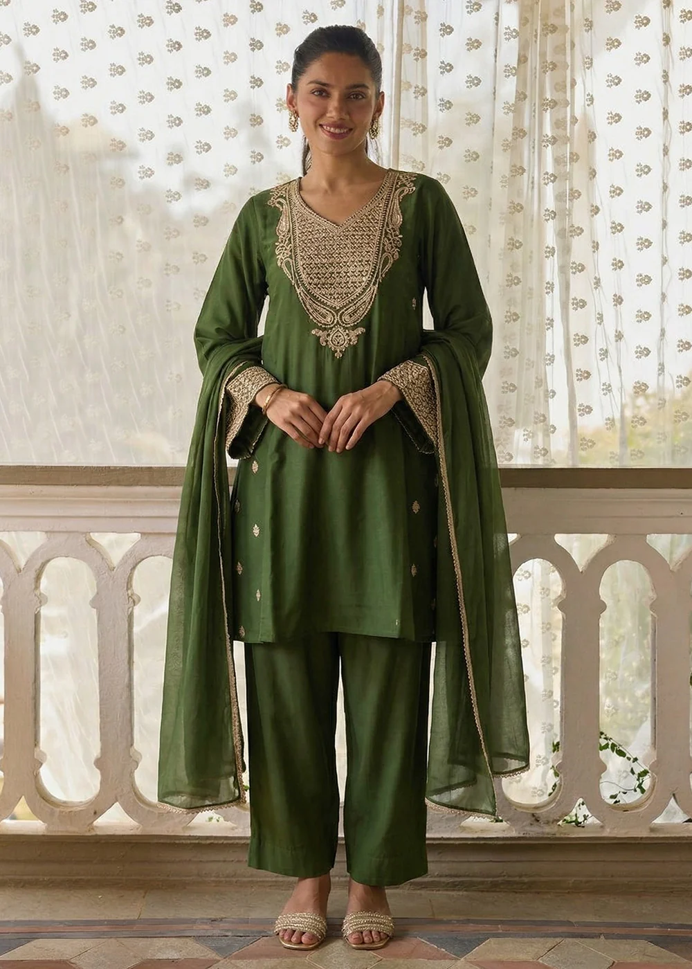 Designer Style Green Festive Pant Style Salwar Suit - Image 2