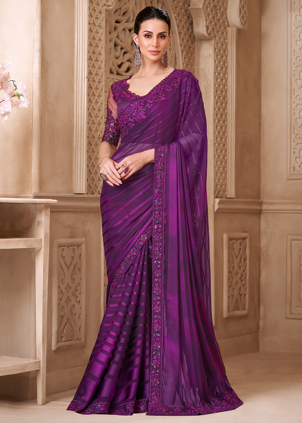 Designer Style Mulberry Embroidered Wedding Saree
