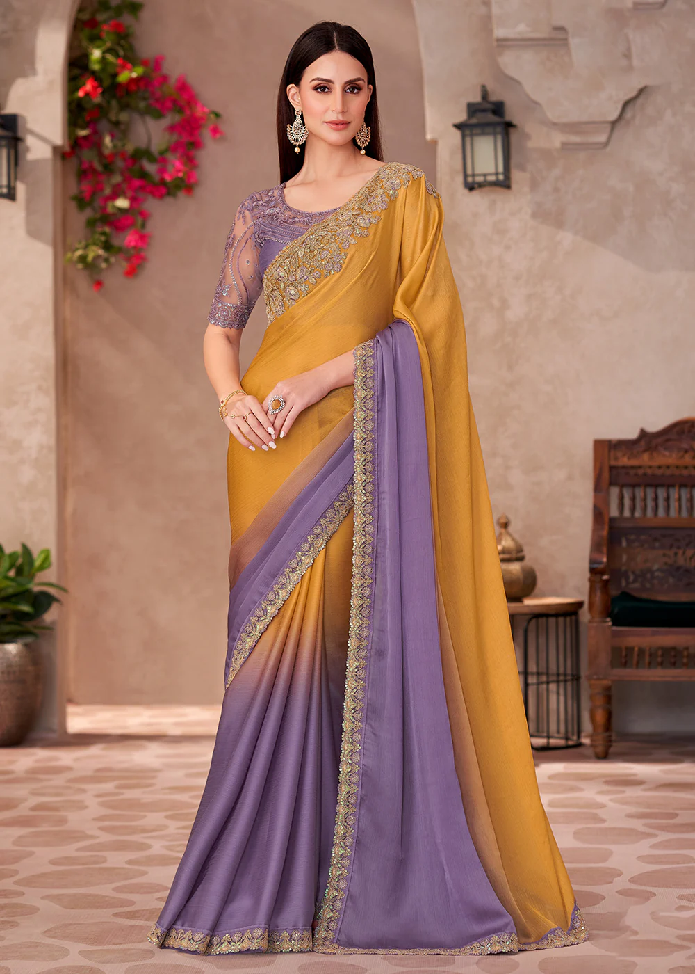 Designer Style Mustard Purple Embroidered Wedding Saree