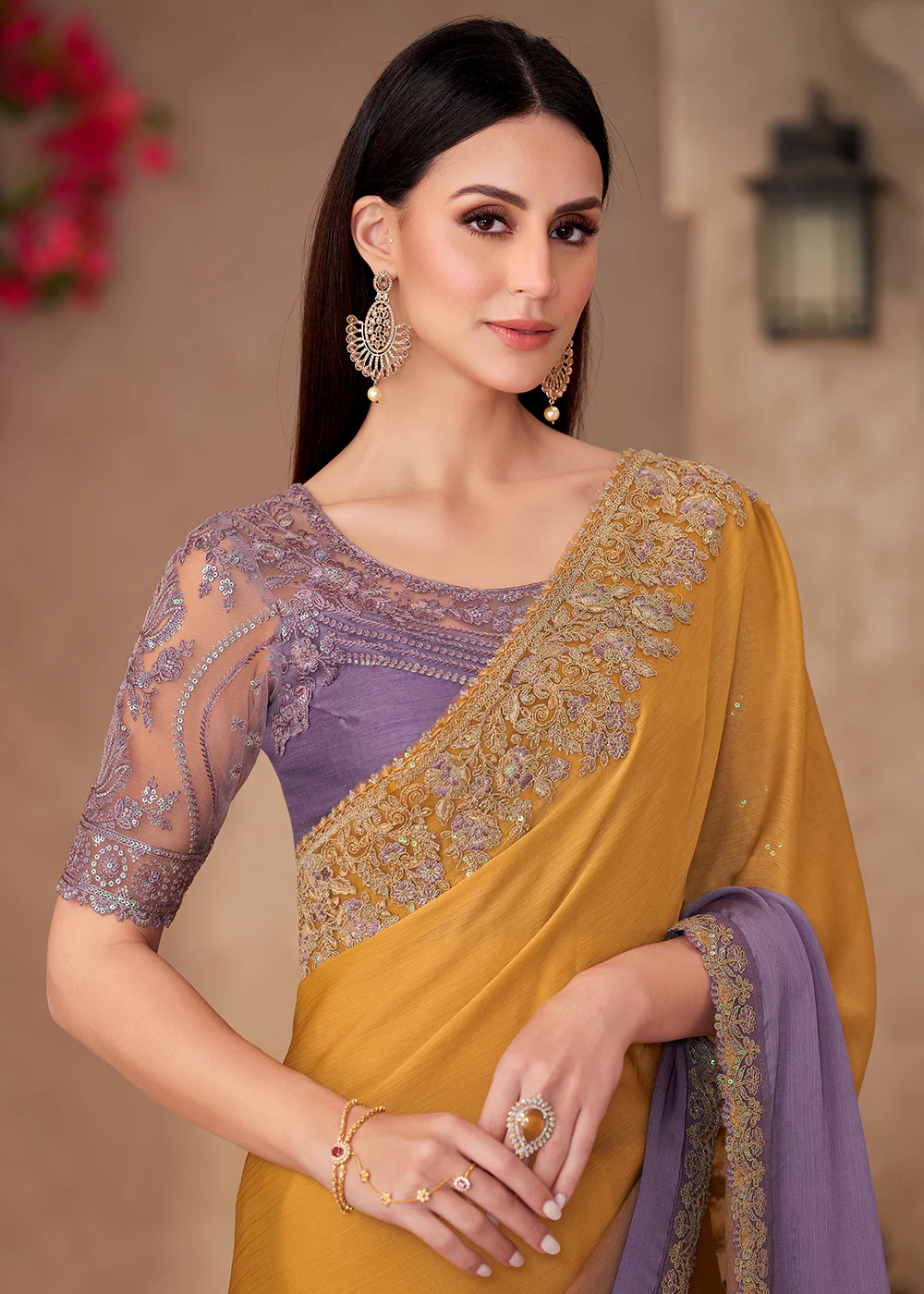 Designer Style Mustard Purple Embroidered Wedding Saree - Image 2