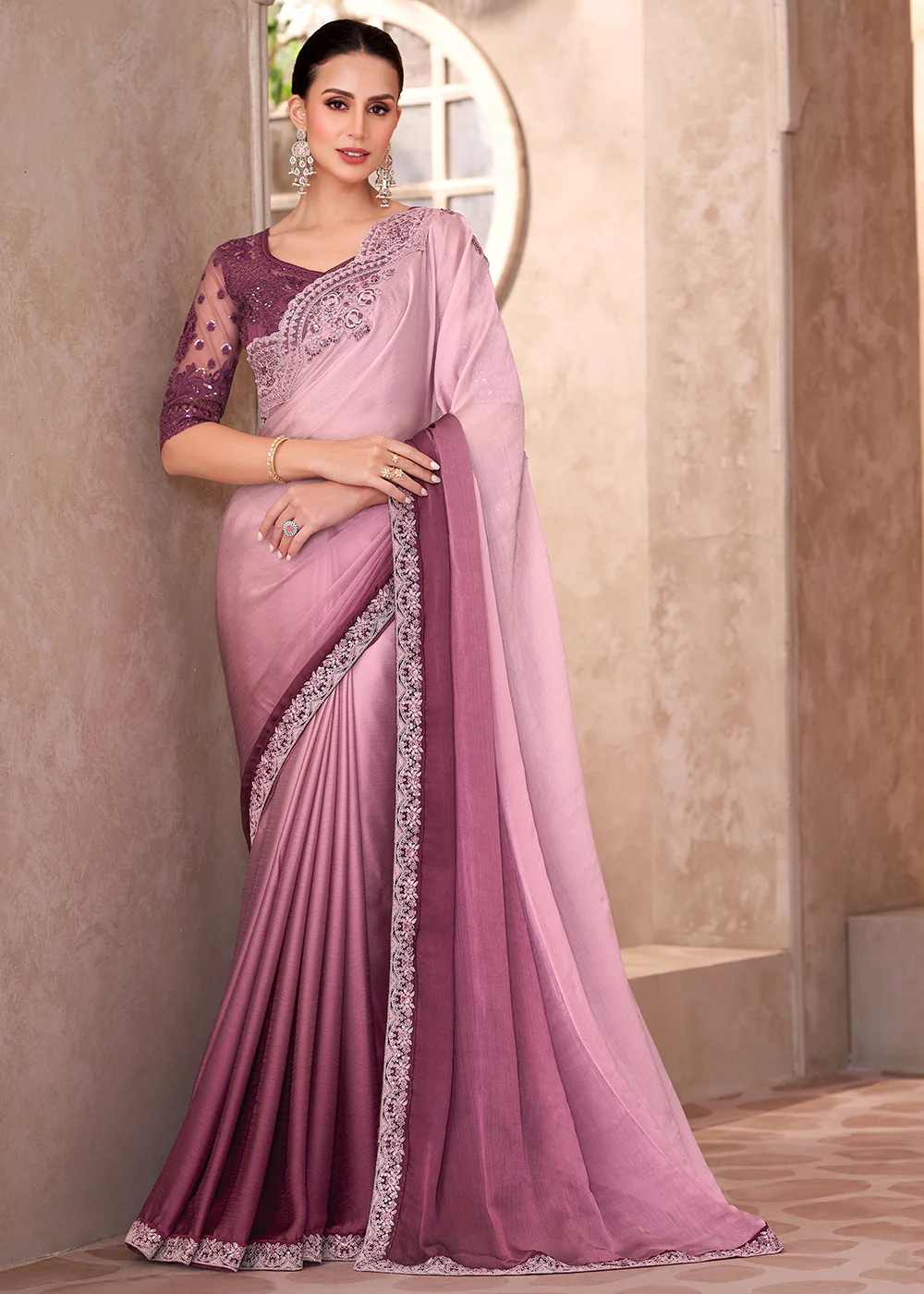 Designer Style Ombre Pink Embroidered Wedding Saree