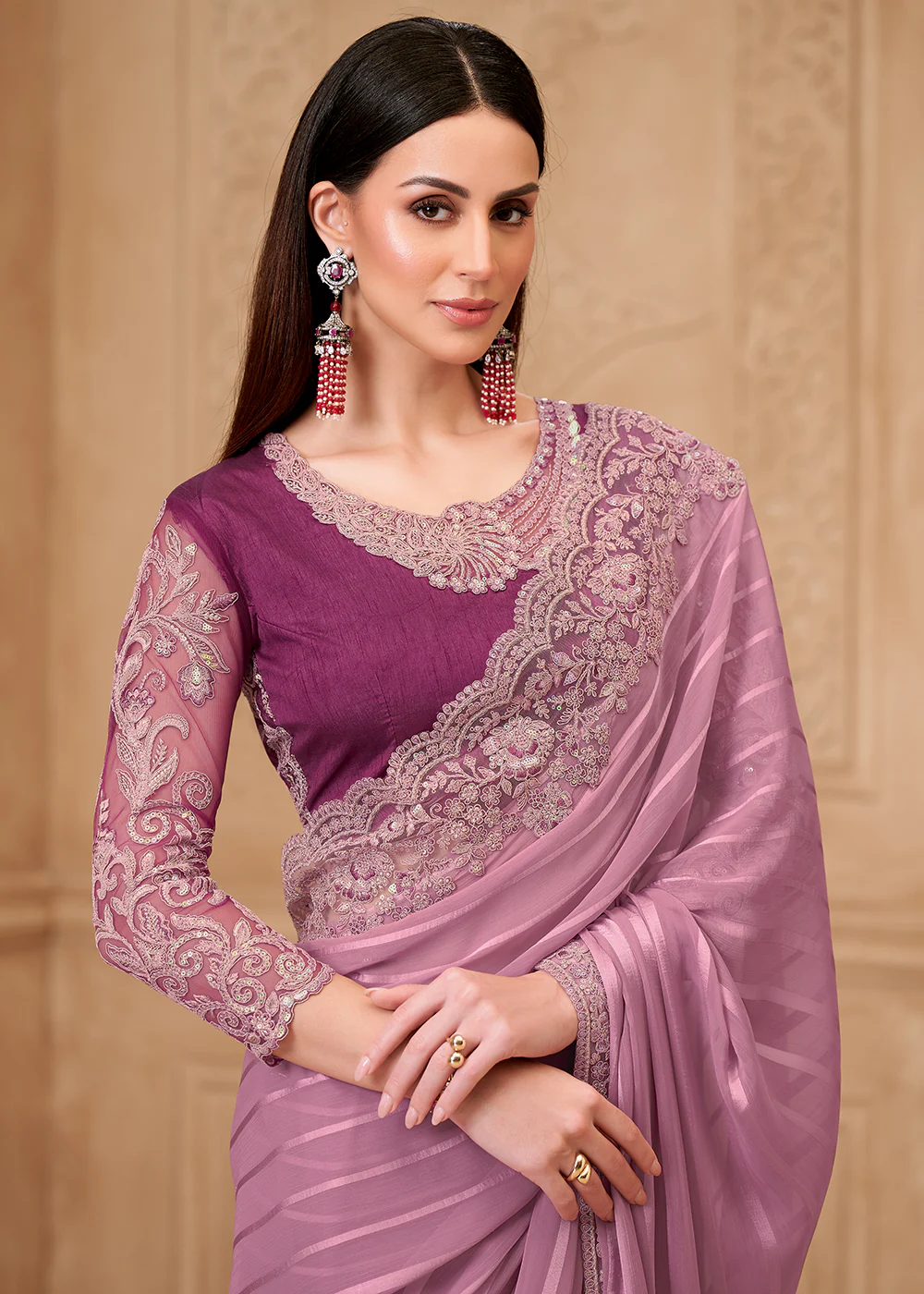 Designer Style Onion Embroidered Wedding Saree - Image 2