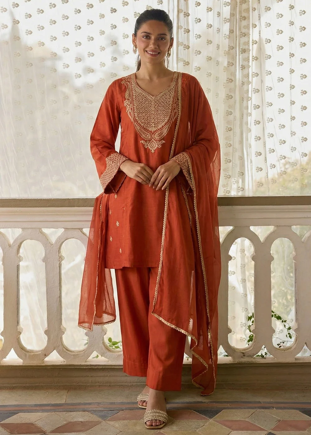 Designer Style Orange Festive Pant Style Salwar Suit - Image 2