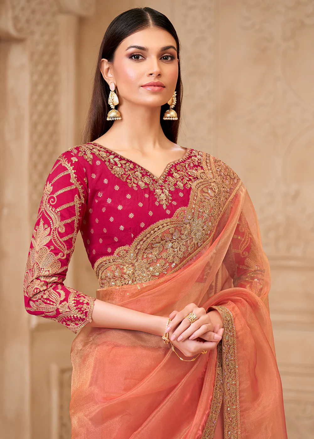 Designer Style Peach Embroidered Wedding Saree - Image 2