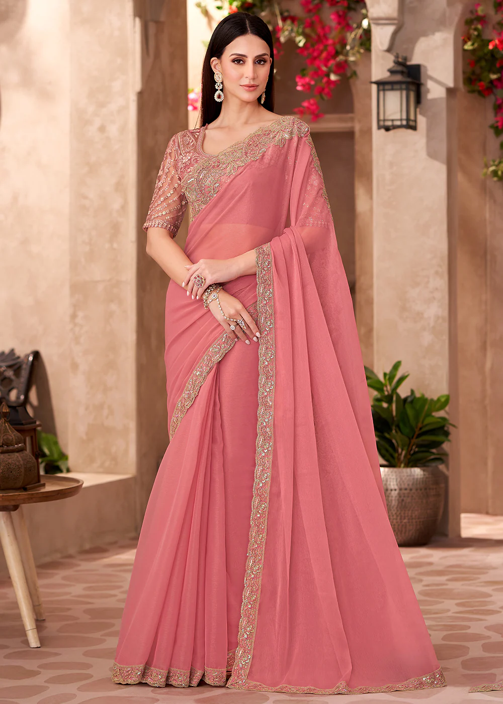 Designer Style Peach Embroidered Wedding Saree