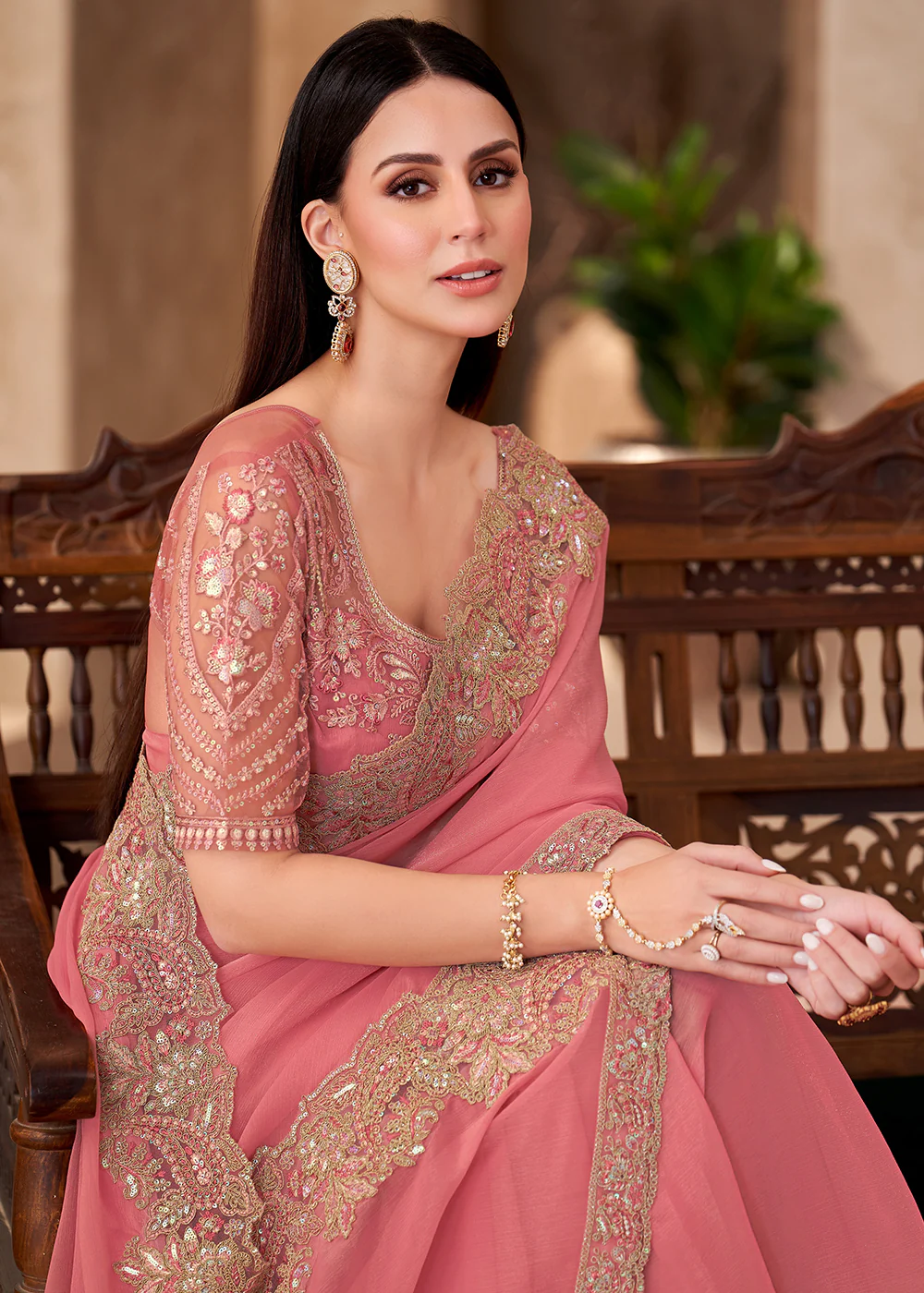 Designer Style Peach Embroidered Wedding Saree - Image 2