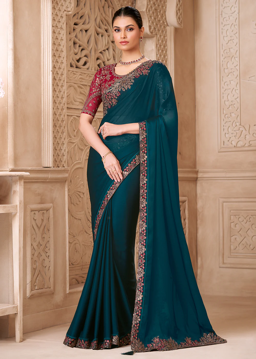 Designer Style Peacock Blue Embroidered Wedding Saree