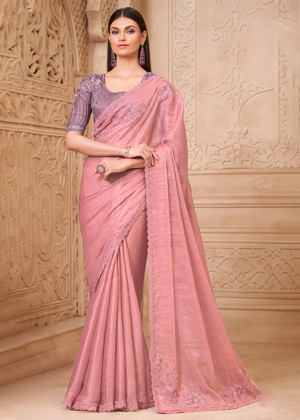 Designer Style Pink Embroidered Wedding Saree