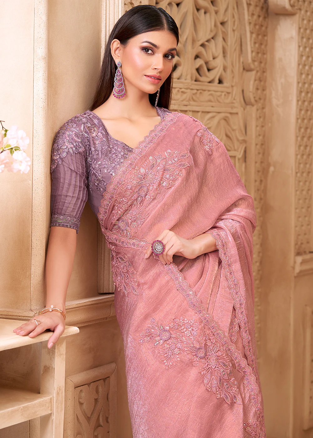 Designer Style Pink Embroidered Wedding Saree - Image 2