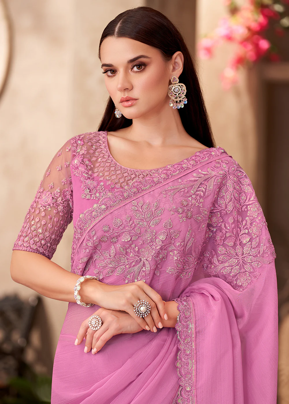 Designer Style Pink Embroidered Wedding Saree - Image 2