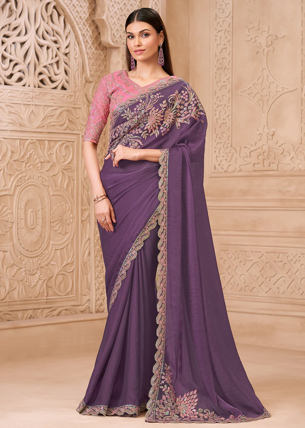 Designer Style Purple Embroidered Wedding Saree