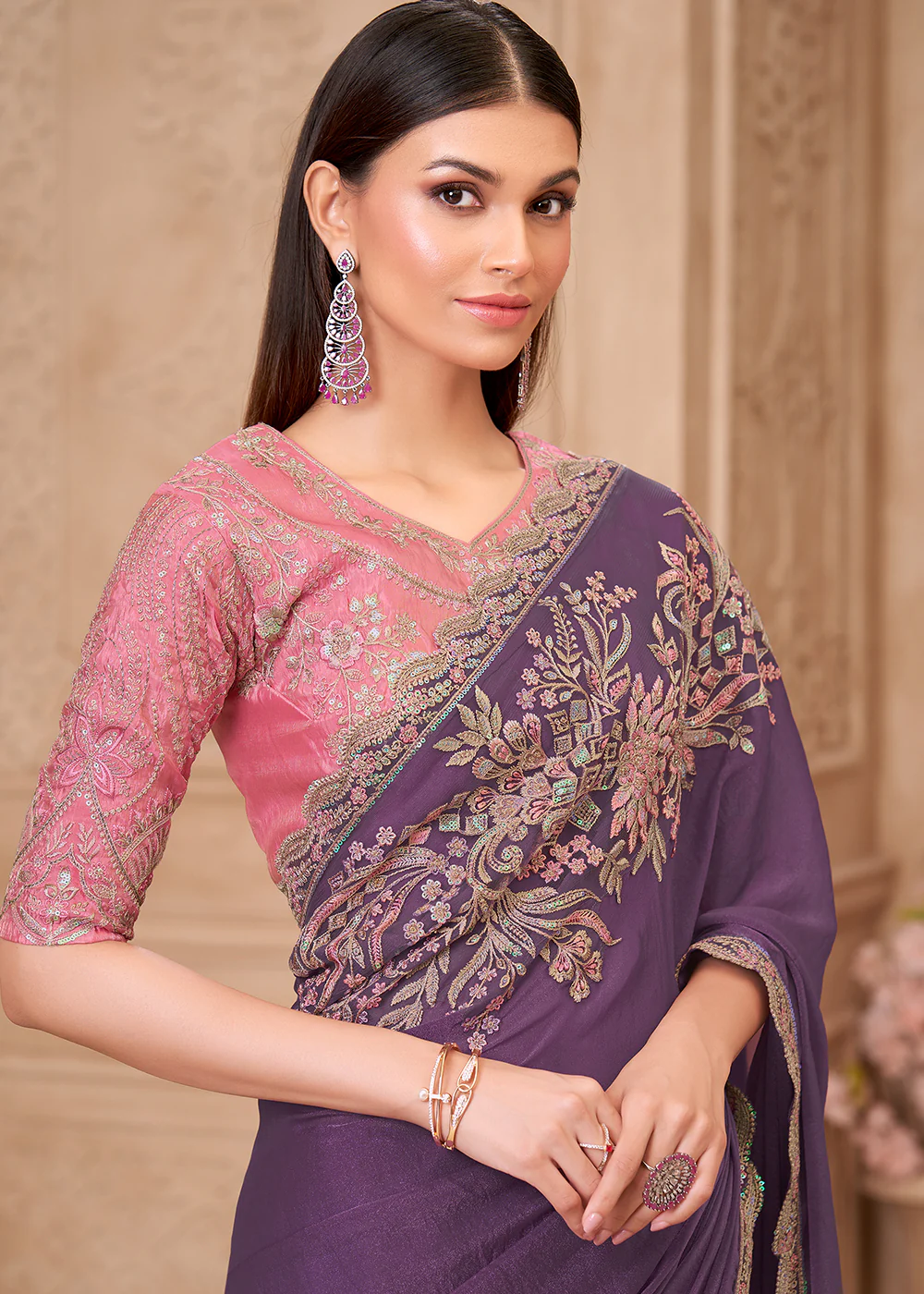 Designer Style Purple Embroidered Wedding Saree - Image 3
