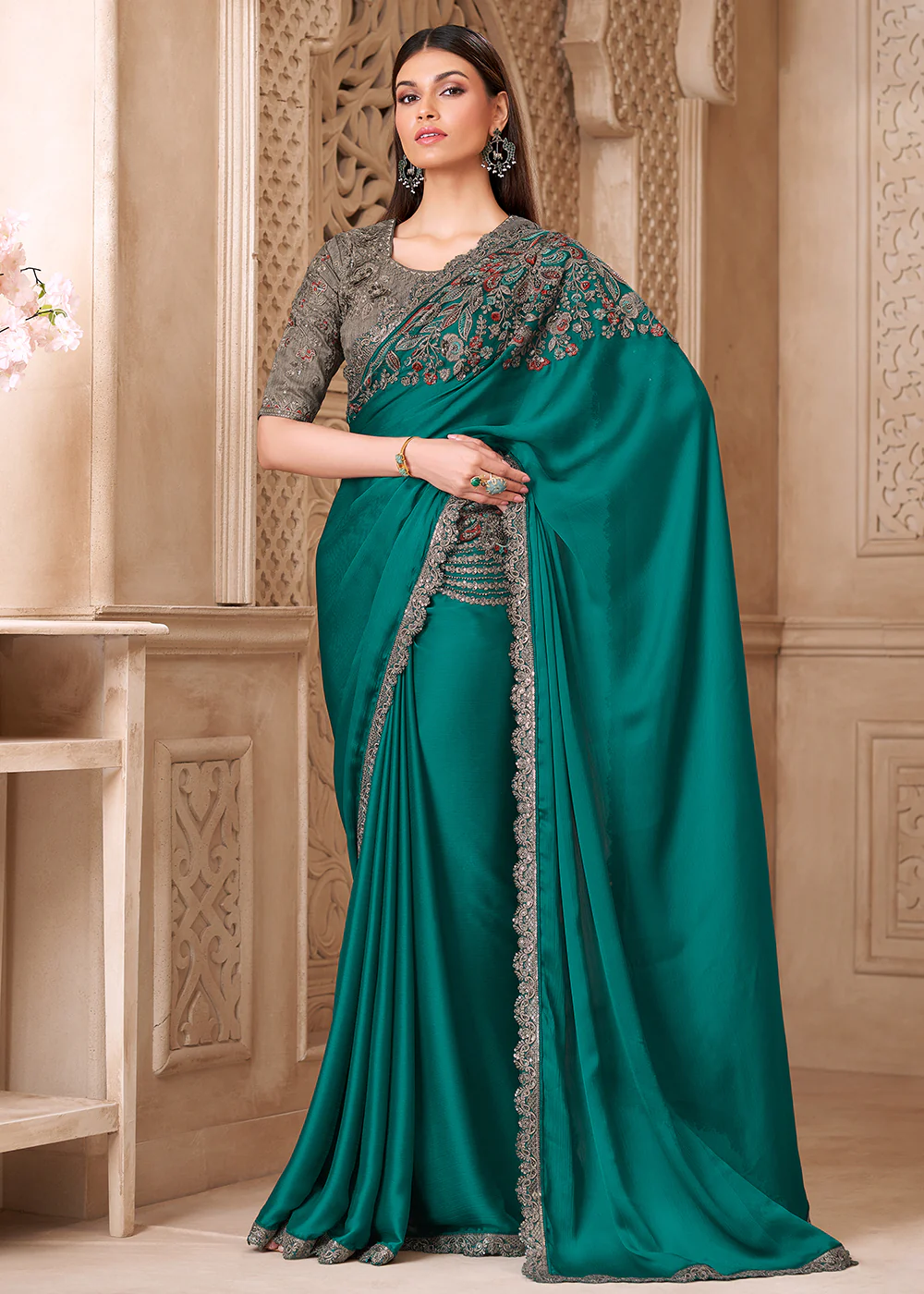 Designer Style Rama Embroidered Wedding Saree