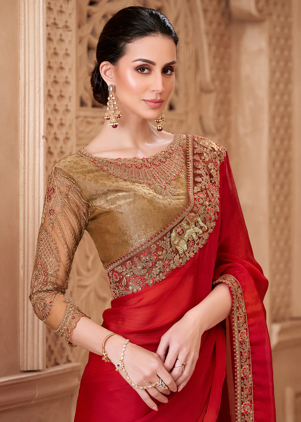 Designer Style Red Embroidered Wedding Saree - Image 2