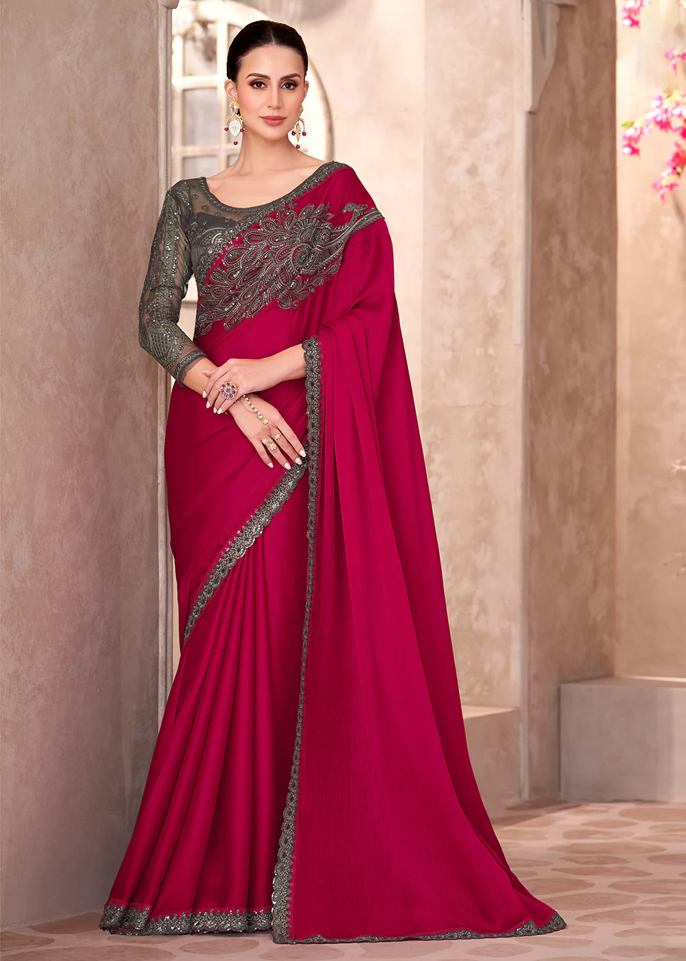 Designer Style Red Embroidered Wedding Saree