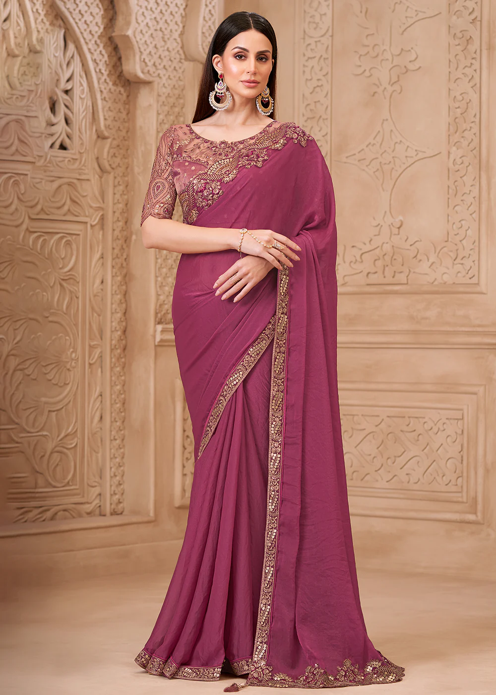 Designer Style Rouge Pink Embroidered Wedding Saree