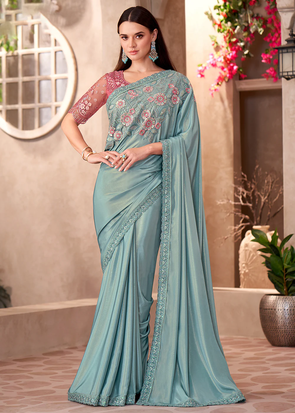 Designer Style Sky Blue Embroidered Wedding Saree