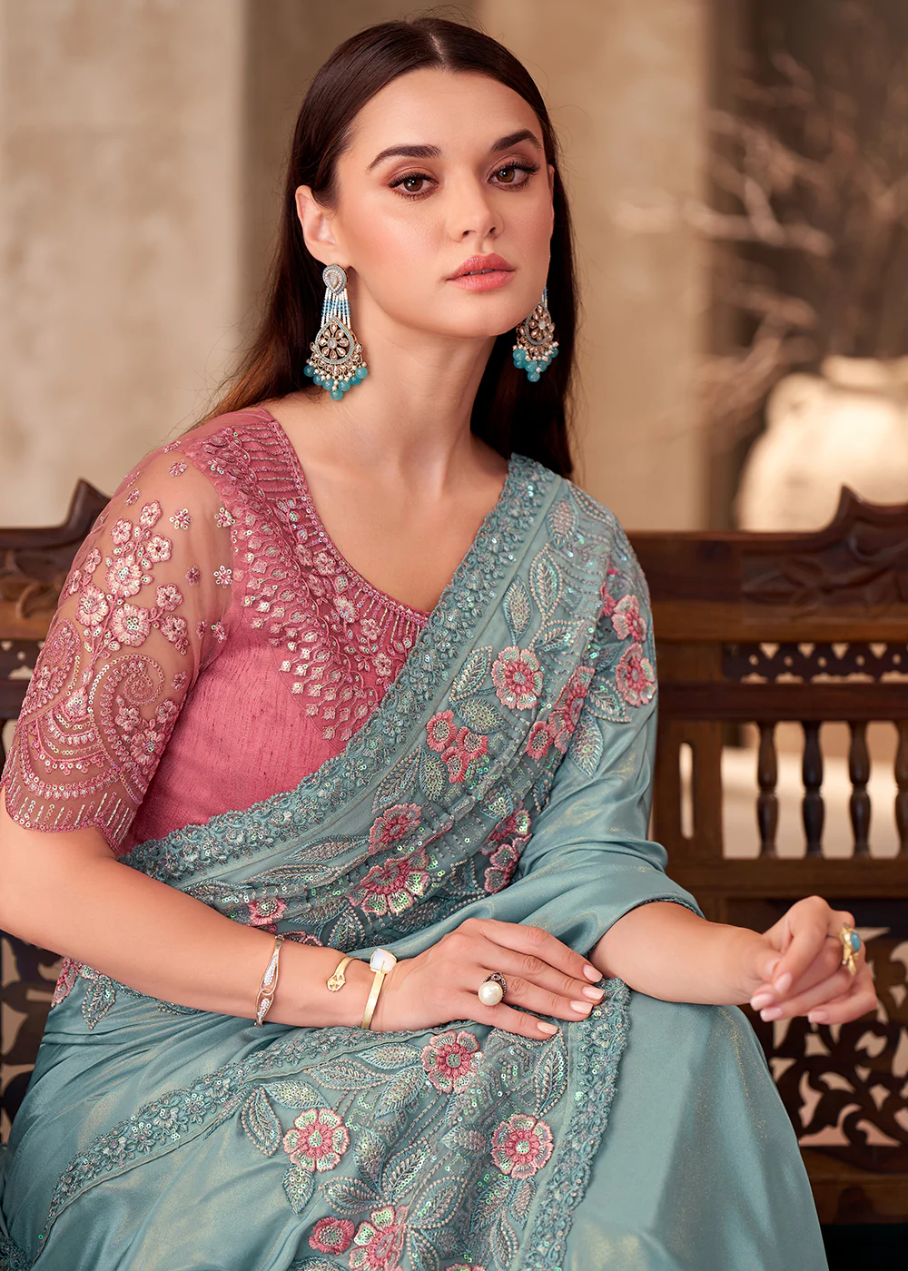 Designer Style Sky Blue Embroidered Wedding Saree - Image 2