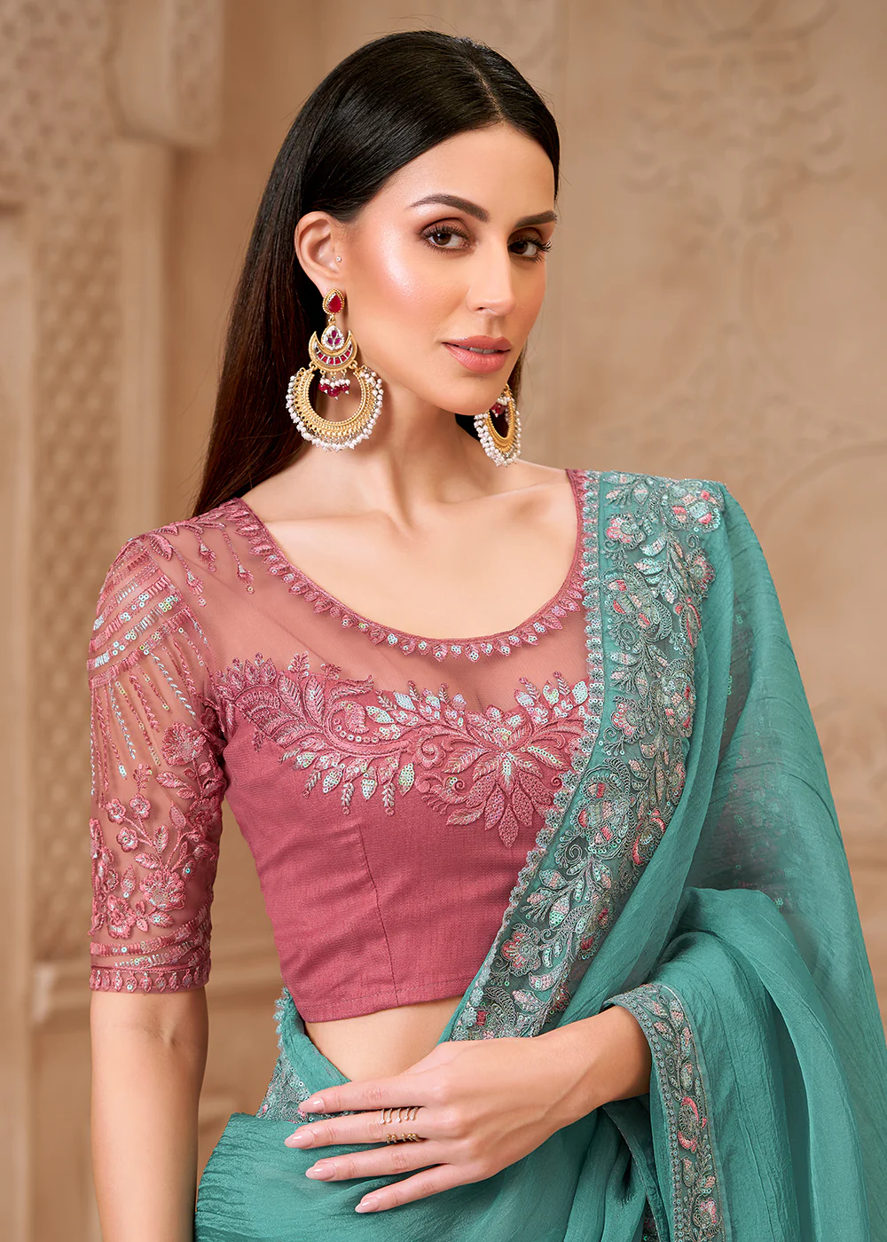Designer Style Teal Embroidered Wedding Saree - Image 2