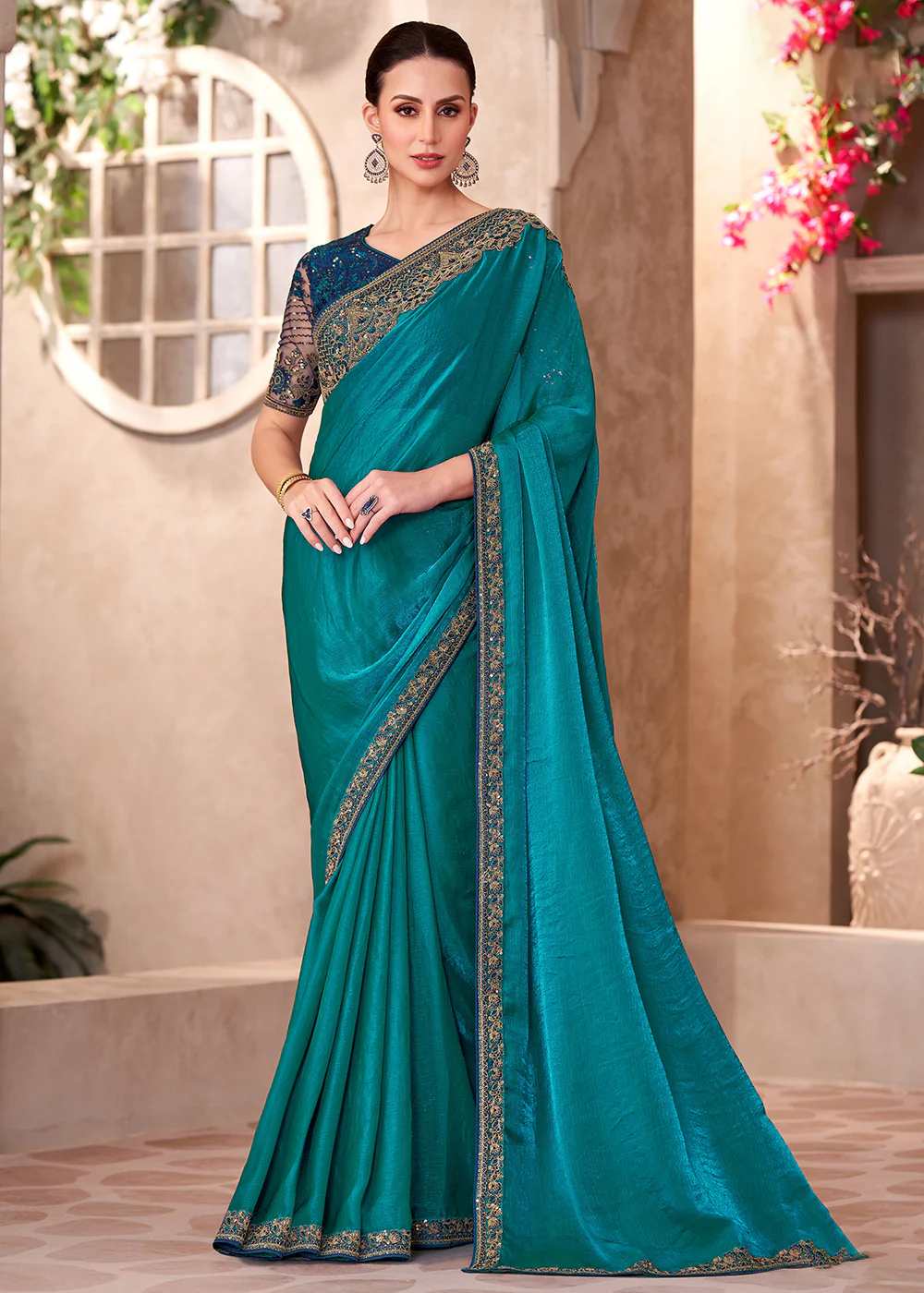 Designer Style Teal Embroidered Wedding Saree
