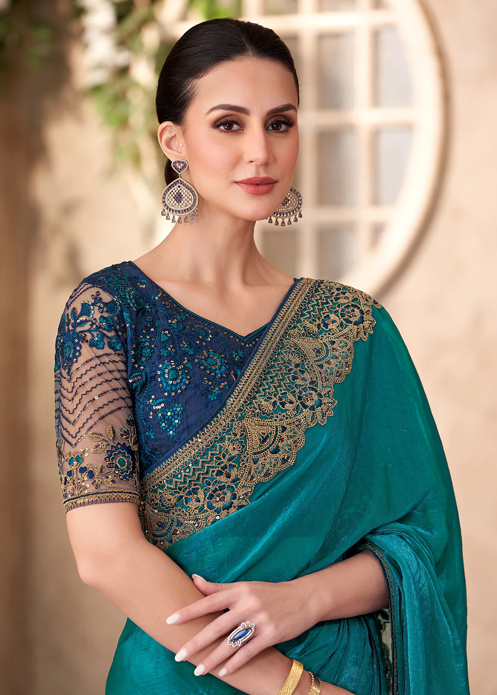 Designer Style Teal Embroidered Wedding Saree - Image 2