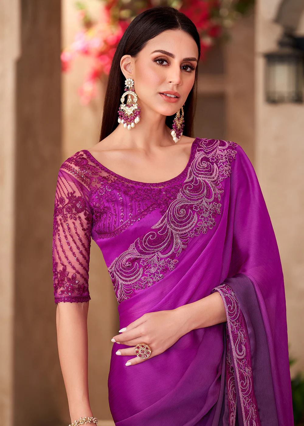 Designer Style Violet Embroidered Wedding Saree - Image 2