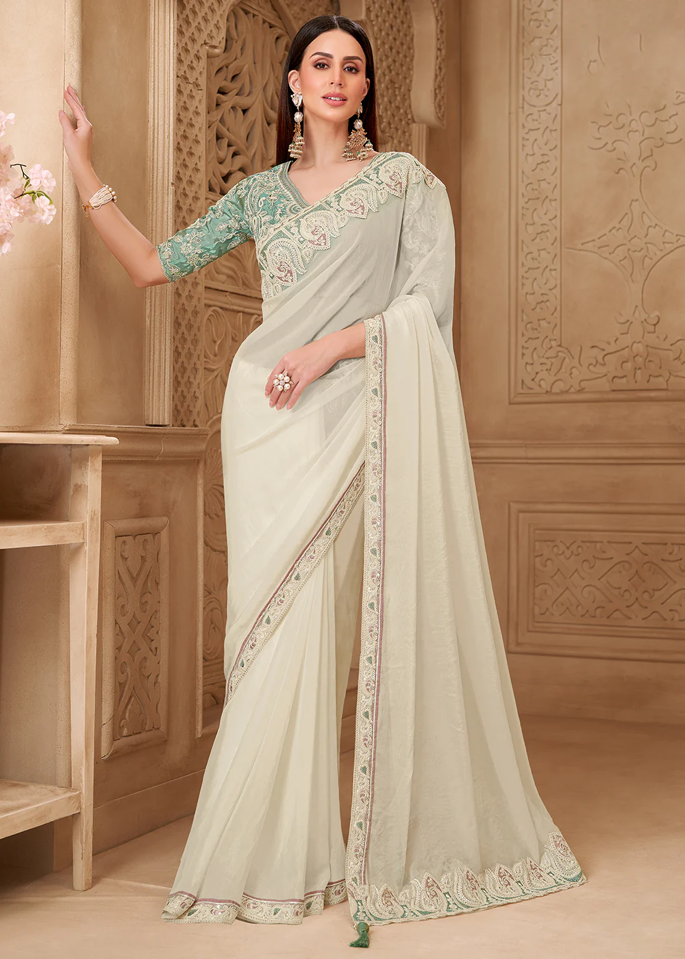 Designer Style White Embroidered Wedding Saree