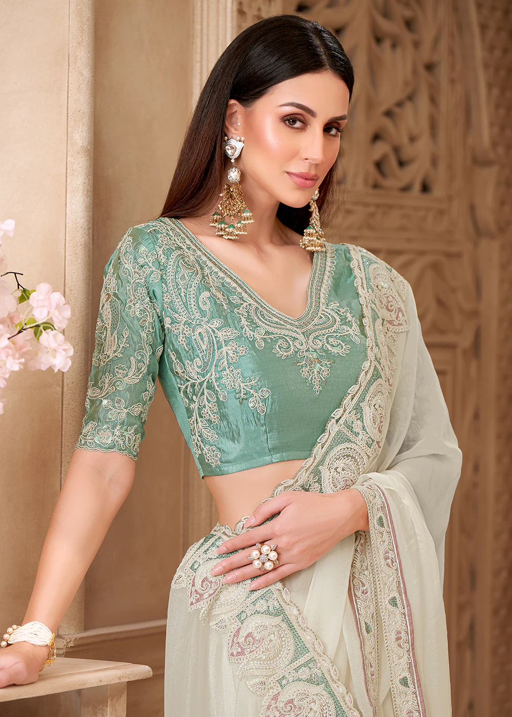 Designer Style White Embroidered Wedding Saree - Image 2
