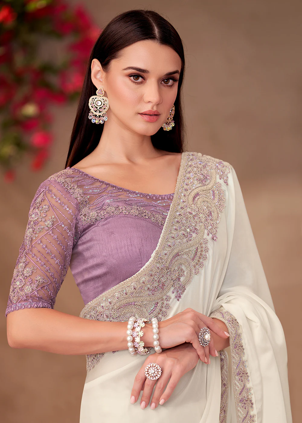 Designer Style White Embroidered Wedding Saree - Image 2