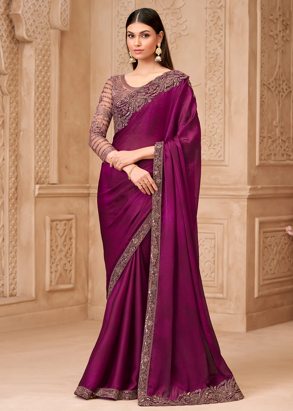Designer Style Wine Embroidered Wedding Saree