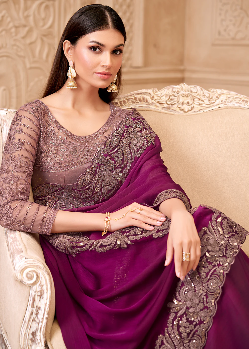 Designer Style Wine Embroidered Wedding Saree - Image 2