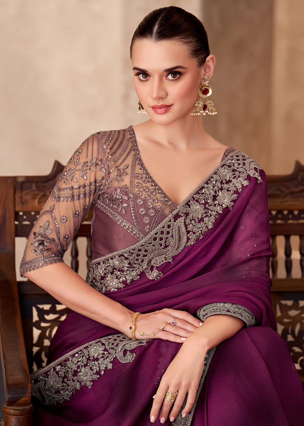 Designer Style Wine Embroidered Wedding Saree - Image 2