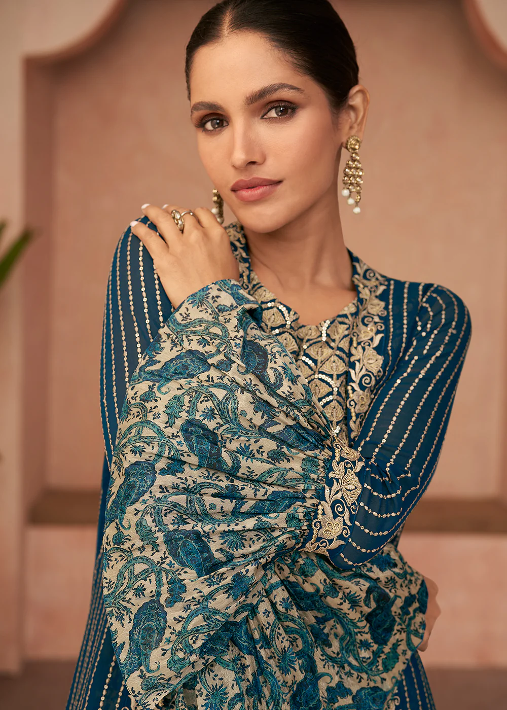 Designer Teal Blue Jacket Style Indo Western Palazzo Suit - Image 2