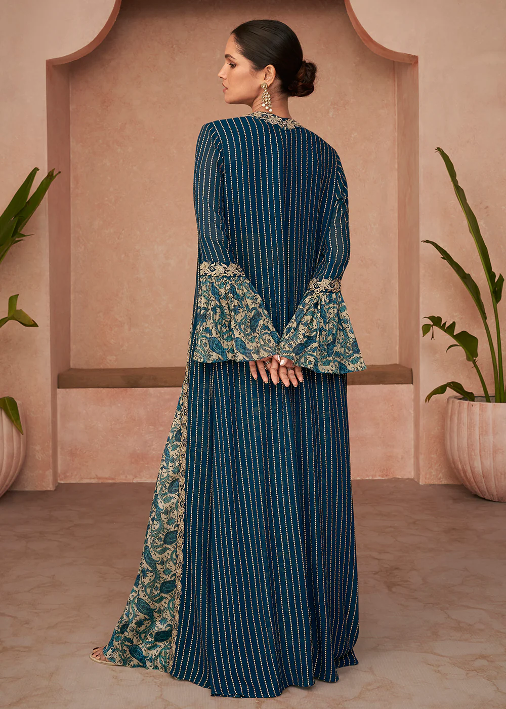 Designer Teal Blue Jacket Style Indo Western Palazzo Suit - Image 3