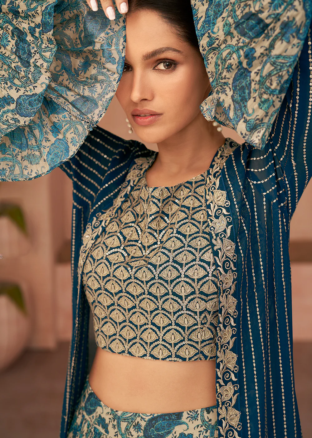 Designer Teal Blue Jacket Style Indo Western Palazzo Suit - Image 4
