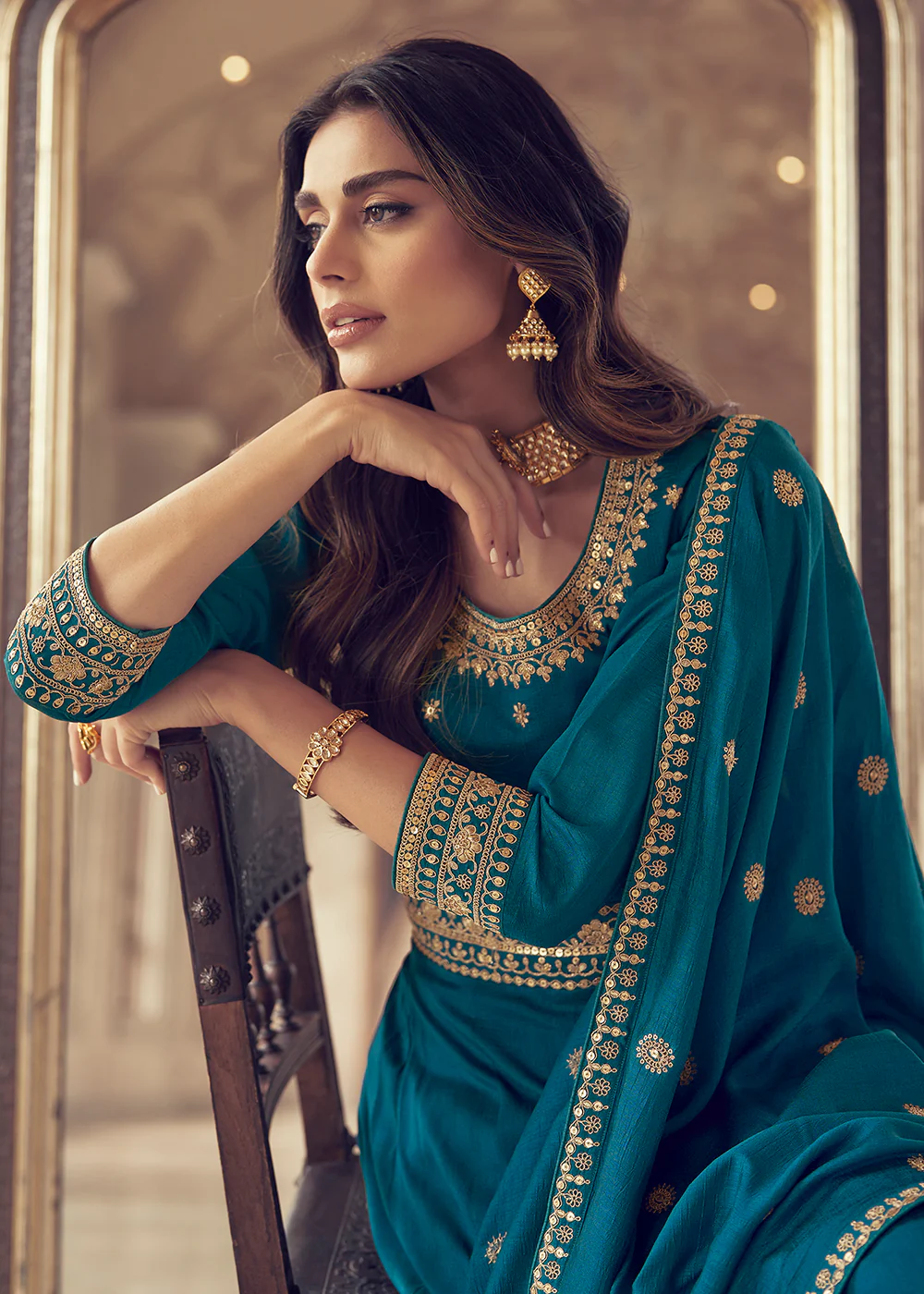 Designer Teal Blue Silk Floor Length Anarkali Suit - Image 2