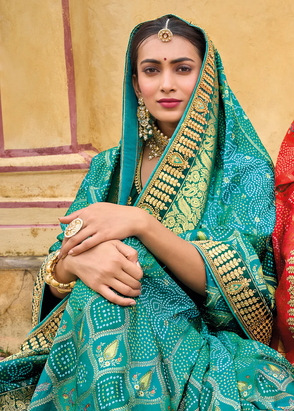 Designer Turquoise Blue Silk Wedding Wear Saree - Image 2