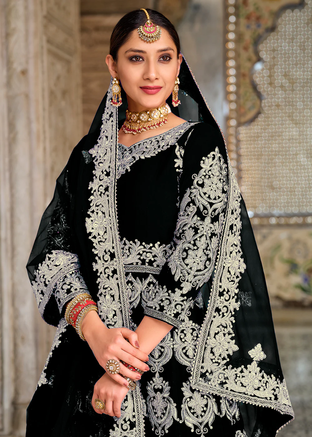 Designer Vivacious Black Front Slit Wedding Velvet Lehenga - Image 2