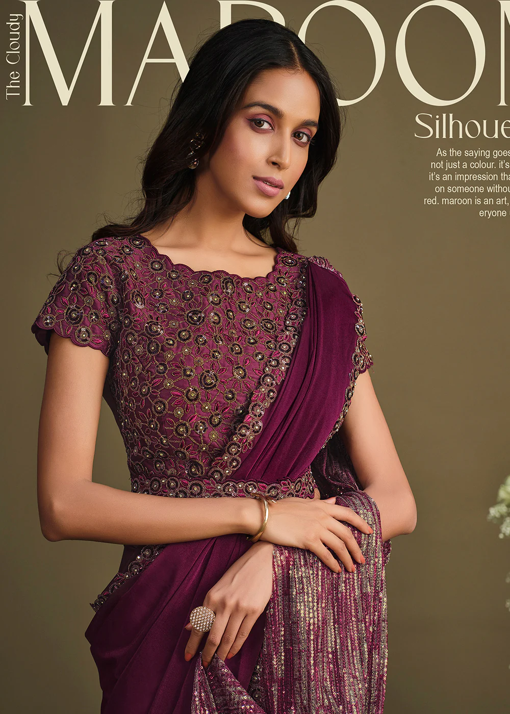 Designer Wine Sequined Crystal Silk Ready to Wear Saree - Image 2