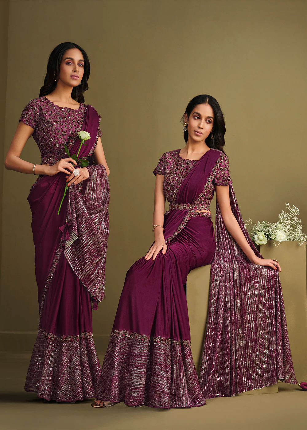 Designer Wine Sequined Crystal Silk Ready to Wear Saree - Image 3