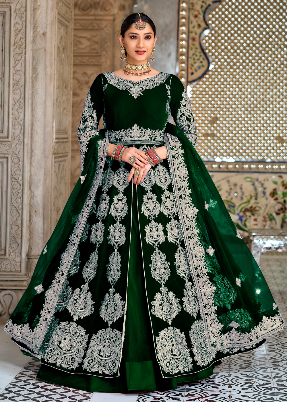 Designer Wondrous Green Front Slit Wedding Velvet Lehenga