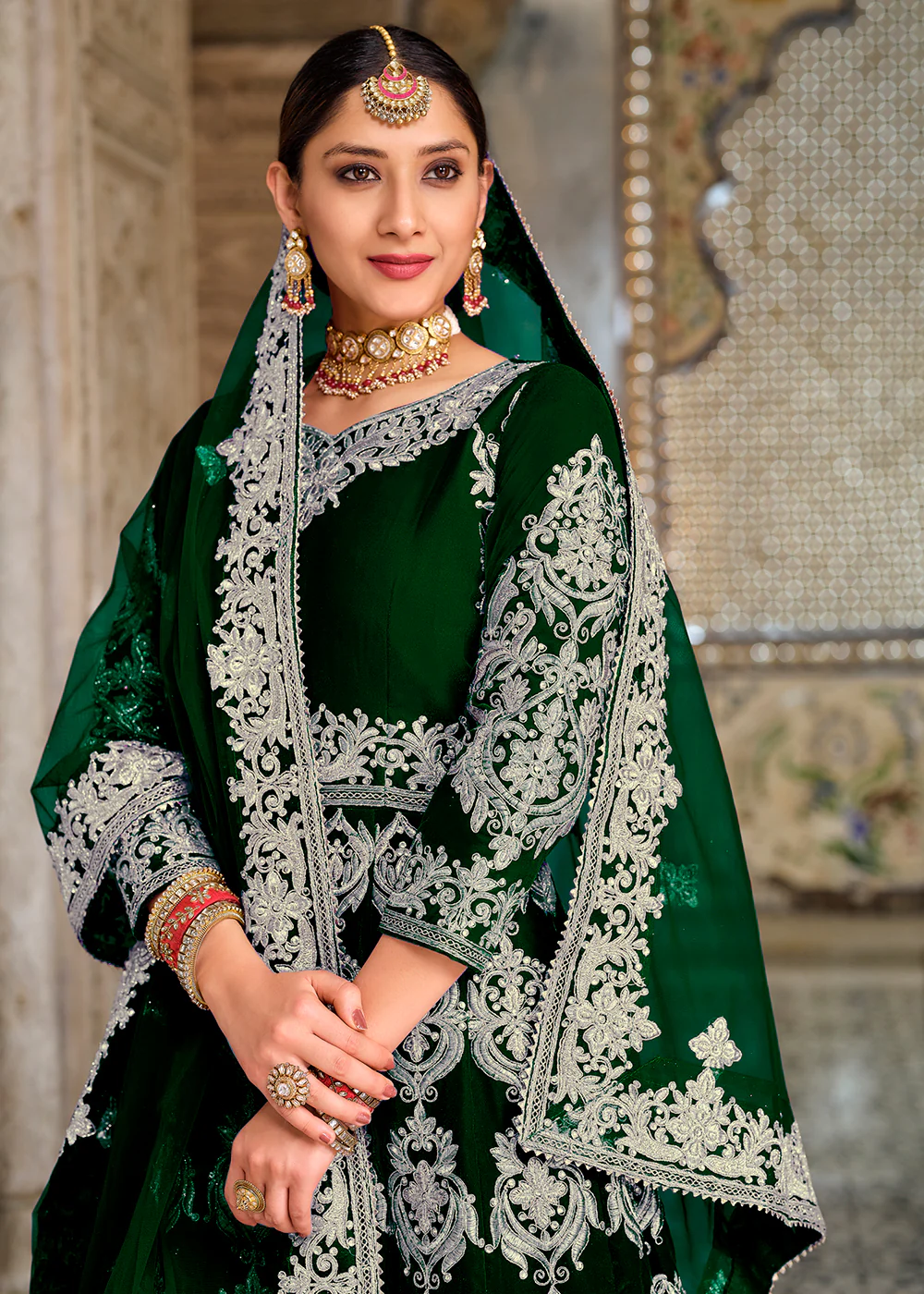 Designer Wondrous Green Front Slit Wedding Velvet Lehenga - Image 2