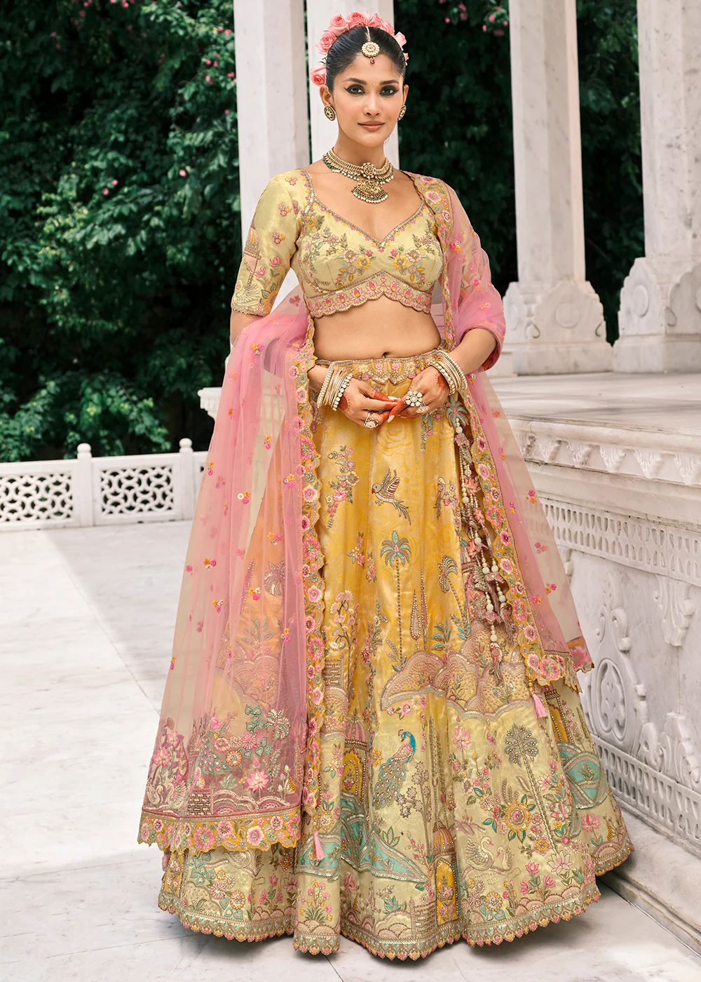 Designer Yellow & Cream Bridal Silk Lehenga Choli