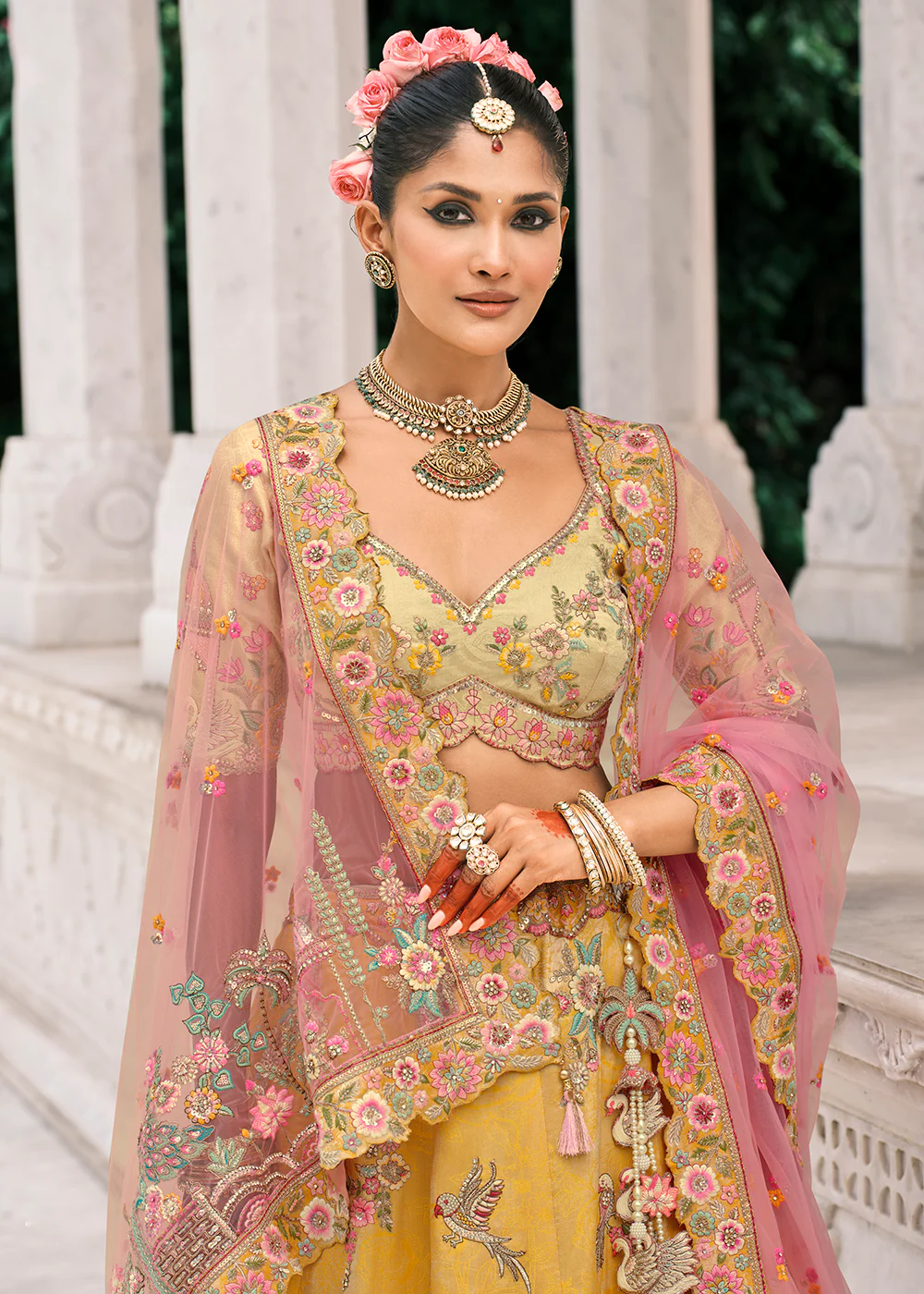 Designer Yellow & Cream Bridal Silk Lehenga Choli - Image 2