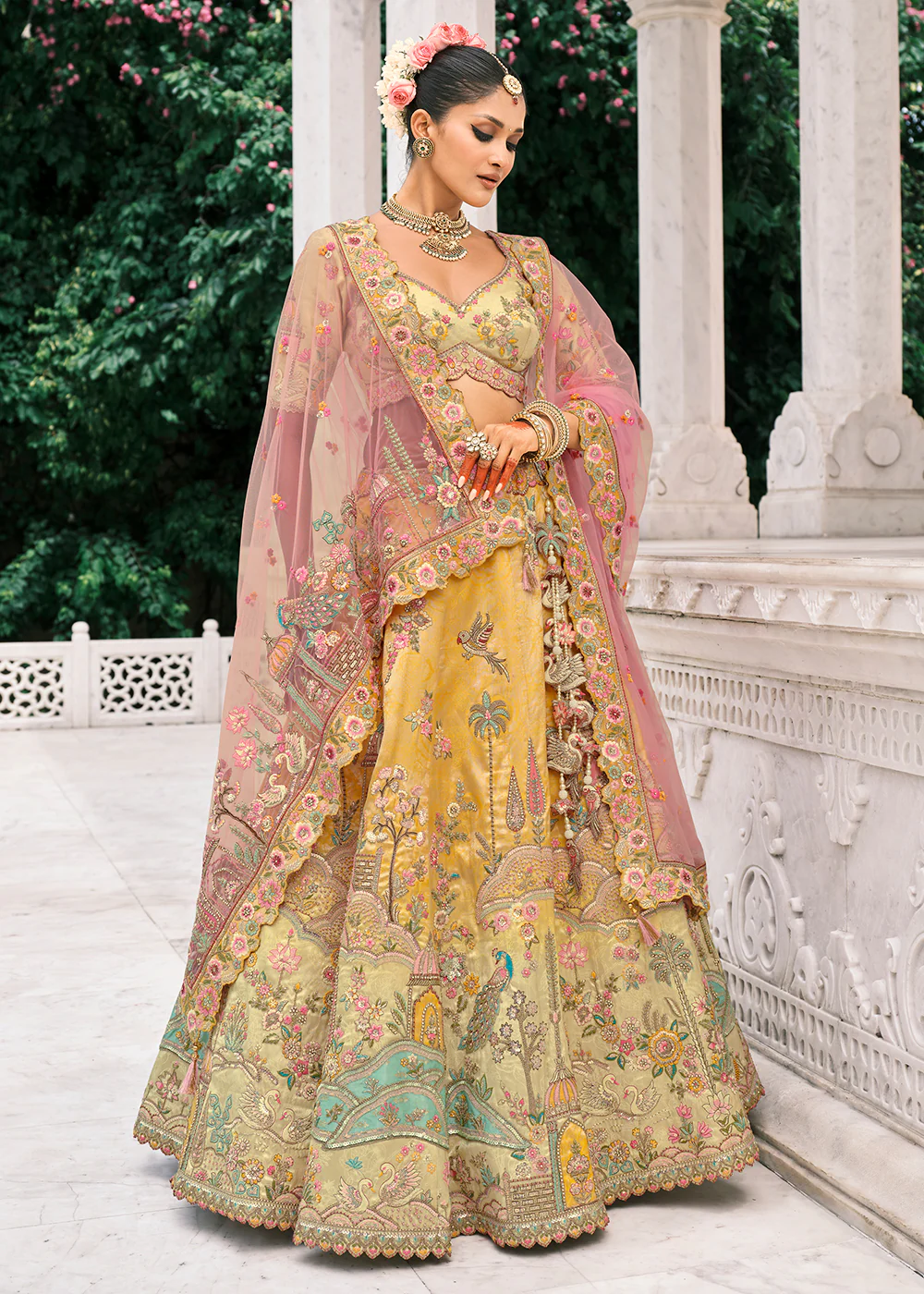 Designer Yellow & Cream Bridal Silk Lehenga Choli - Image 3