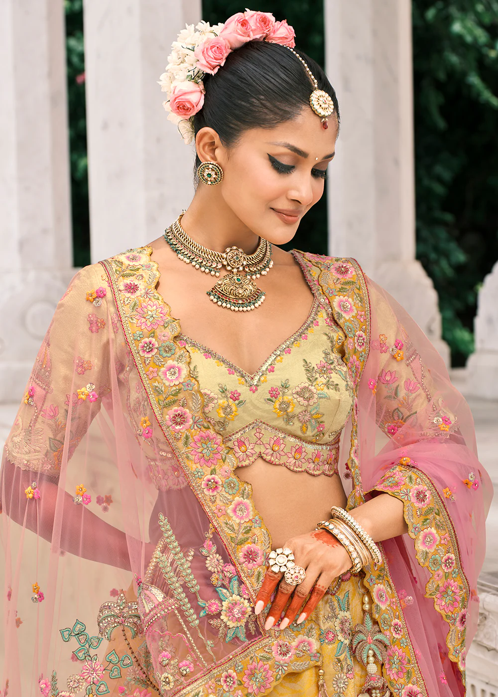 Designer Yellow & Cream Bridal Silk Lehenga Choli - Image 4