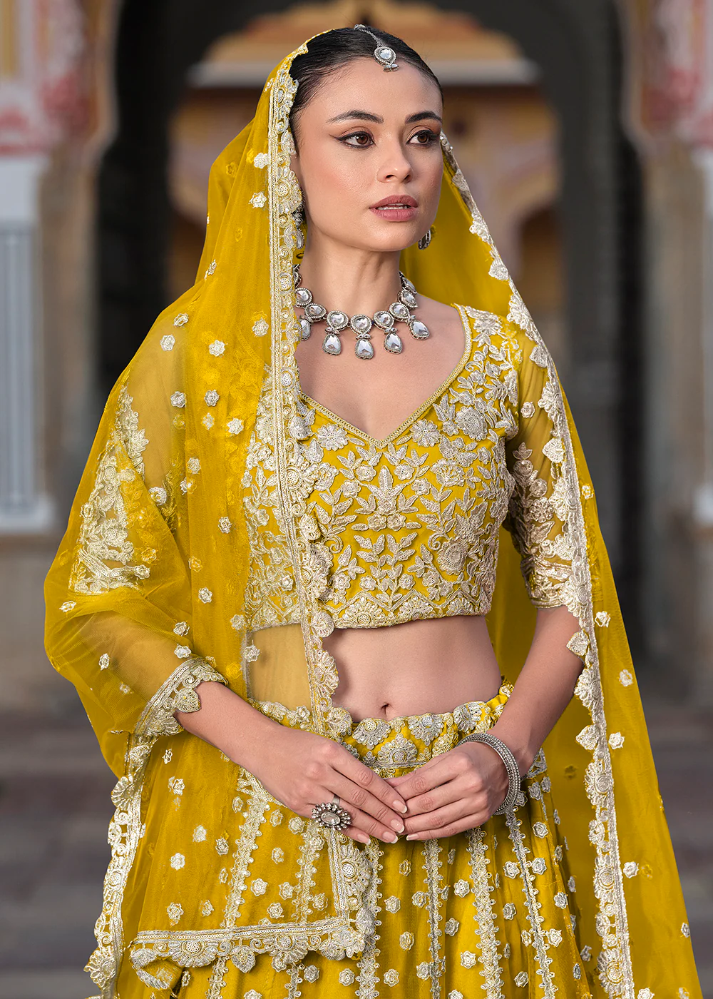 Designer Yellow Net Embroidered Wedding Lehenga Choli - Image 2